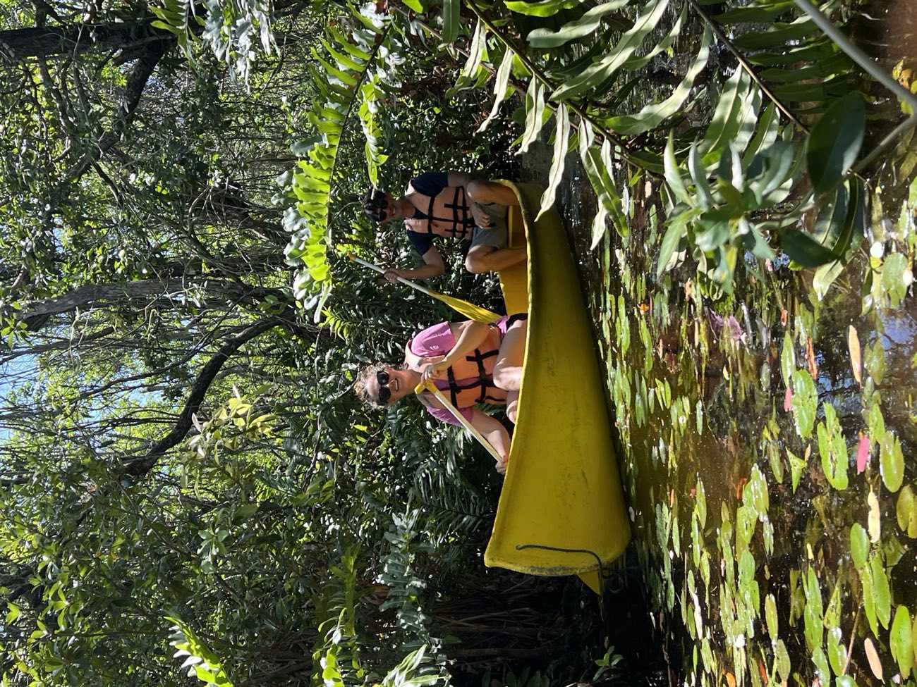 Guests canoeing through lily-pad-covered canals at Tankah, wearing life vests